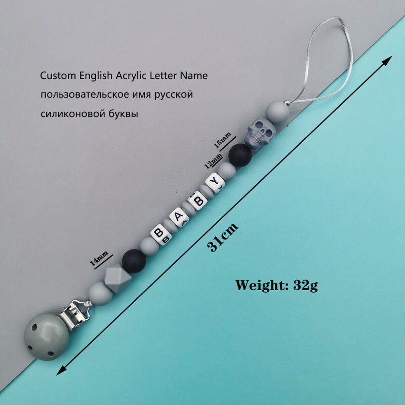 Niestandardowe angielskie akrylowe litery z nazwą silikonowa czaszka koraliki dziecięcy smoczek na łańcuszku klipsy gryzak wisiorki Kawaii zabawka dla dziecka kreatywne prezenty