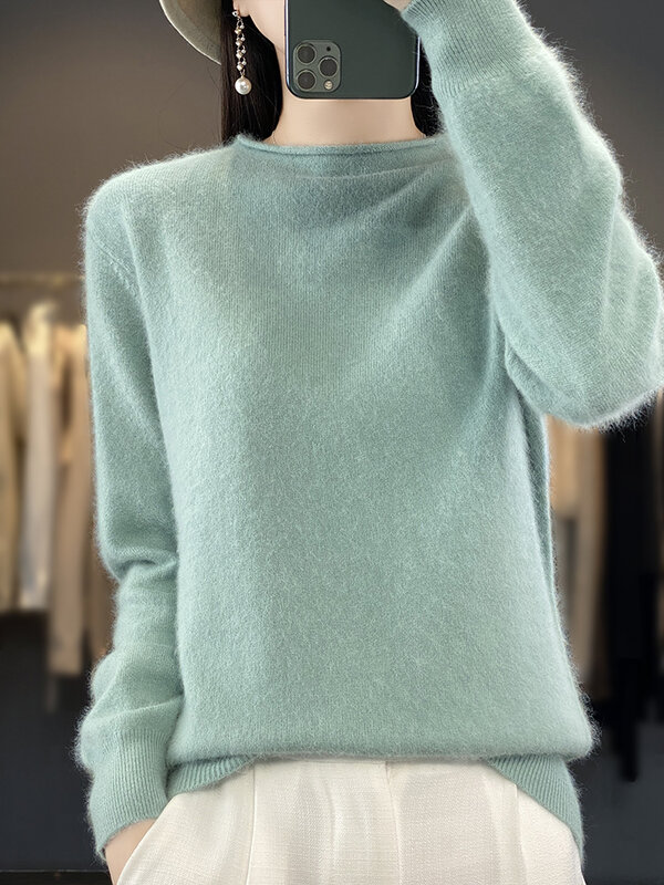 100% Mink Cashmere Women Sweater Basic Bottoming Female Pullover Long Sleeve New Knitwear Tops Ruffled Collar Autumn Winter New
