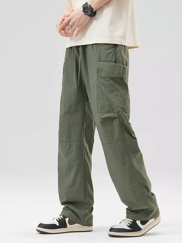 Calça de carga masculina multi-bolsos, secagem rápida, calça casual de náilon, calça reta solta, moda de streetwear masculina, nova primavera, verão, 2022