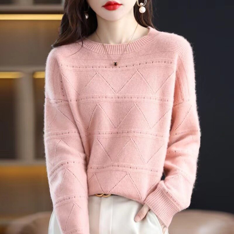 Hollow Out Pullover Sweater Women New Autumn Winter Loose Knit Long Sleeve Bottom Top Round Neck Warm Pull Femme Knitwears