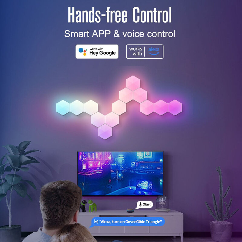RGB LED Hexagon Indoor Wall Light, App Controle Remoto, Luz Noturna, Sala de Jogos de Computador, Quarto, Decoração de Cabeceira