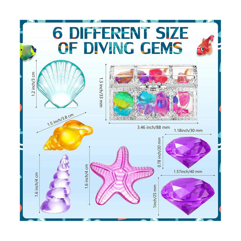 Brinquedos de mergulho, Gema grande do anime, Gemas de diamante, Baú do tesouro pirata, Brinquedos de natação subaquática de verão, 24 peças