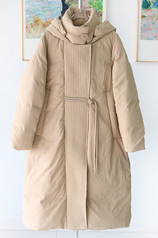여성 중간 길이 버클 다운 재킷, 두꺼운 후드, 화이트 덕 다운 코트, 중국 스타일, 겨울 신상