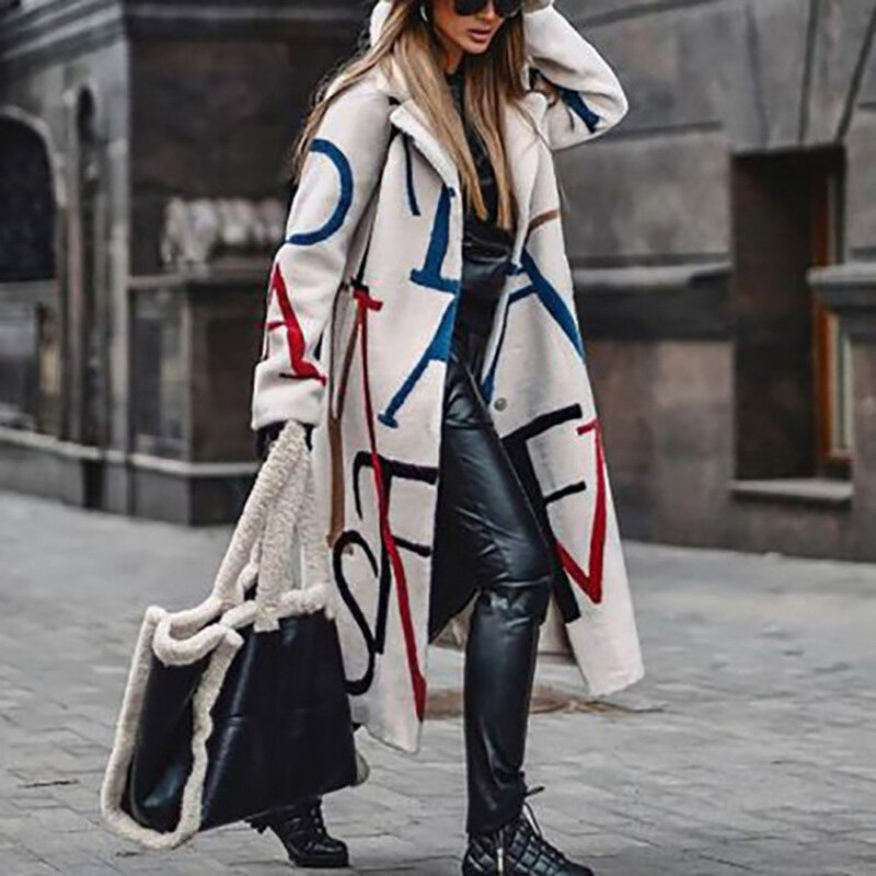 Jacke langer Mantel Herbst und Winter neue lose übergroße bedruckte Wind jacke mit Revers kragen Mode Freizeit jacke für Frauen