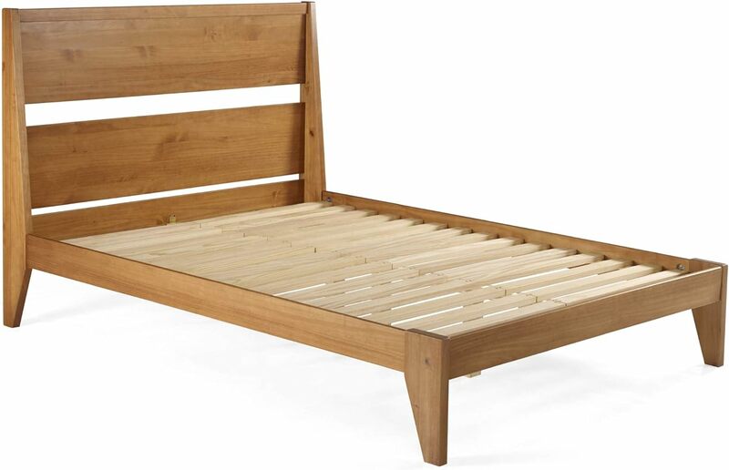 Plate-forme de lit Queen en bois moderne du milieu du siècle, planche de sauna, pied de lit, cadre de chambre Queen, caramel