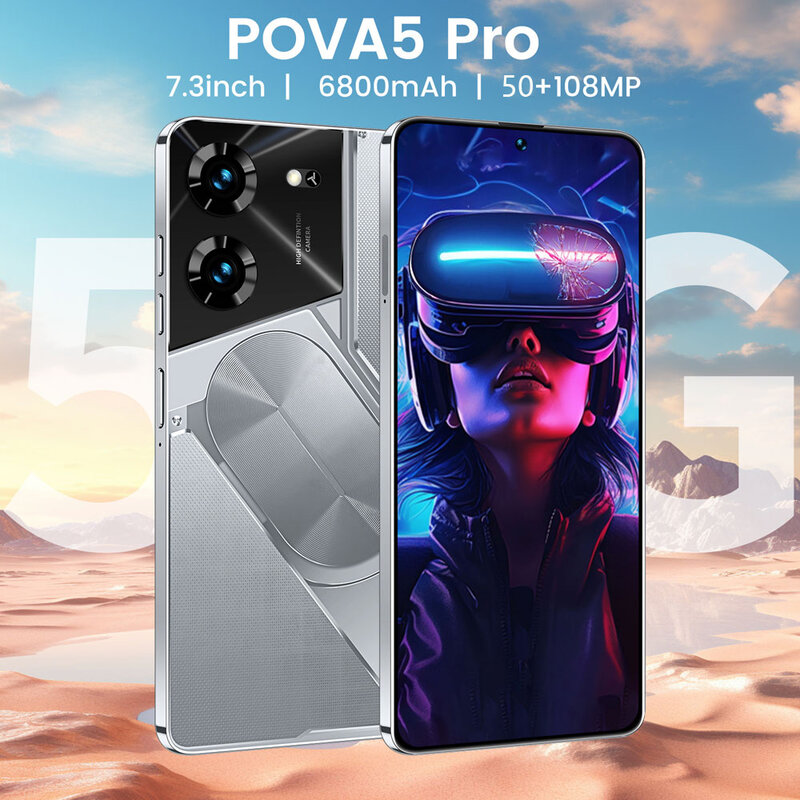 Ponsel pintar 5G Pova 5 Pro, HP pintar 7.3HD layar 16G + 1T 6800Mah 50MP + 108MP Android13 Dual SIM pembuka kunci wajah