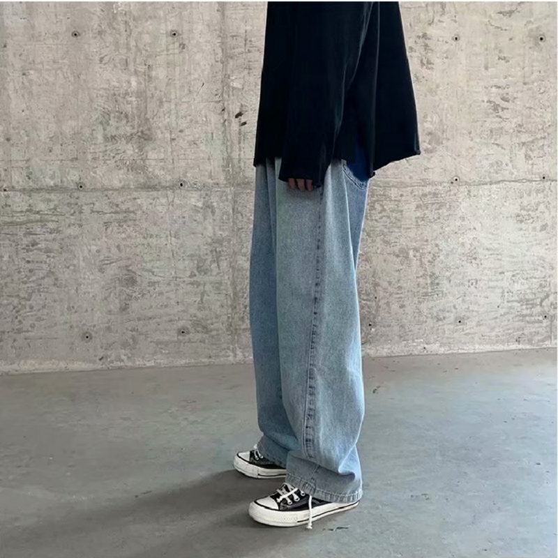 Jeans perna larga estilo coreano para homens, calças jeans azuis folgadas, calças cargo, roupas de moda, 2020