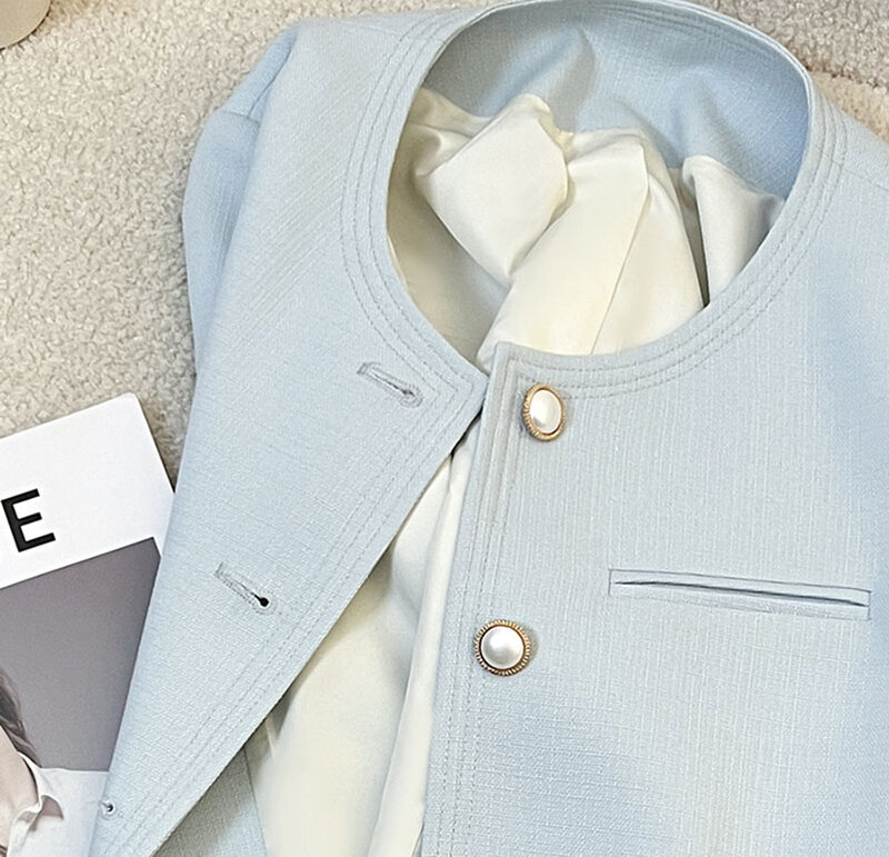 여성용 작은 향기 반팔 세트 재킷, 스카이 블루, DW346 + DL347, 신상