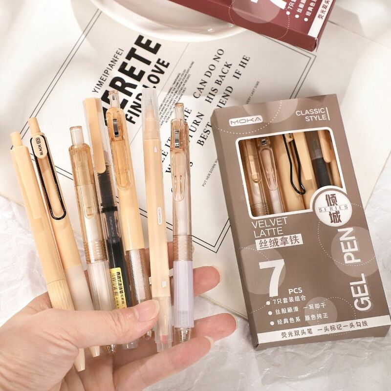 7Pcs/Set Student Specific Gel Pen High Quality Gift Quick-Drying Ink Neutral Pen ST Tip Highlighter Pen Set School Office