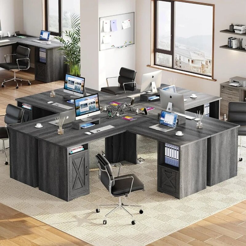 Meja berbentuk L dengan stop kontak, meja sudut meja komputer 60 inci dengan laci File