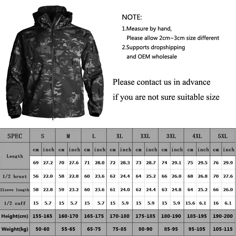 HAN WILD-chaquetas de caza para hombre, chaqueta táctica militar, suave, de combate, impermeable, forro polar, ropa Multicam, cortavientos, 5XL