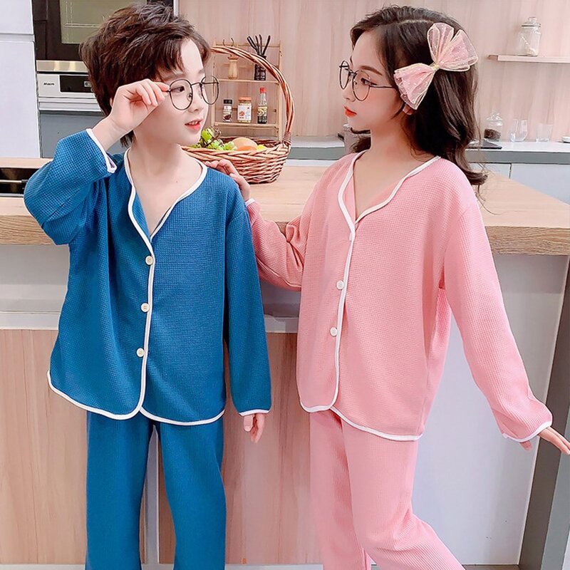 Pijamas finos para niños y niñas, ropa de dormir suave y suelta, conjunto de manga larga, traje de 2t, color rosa y azul, primavera 2022