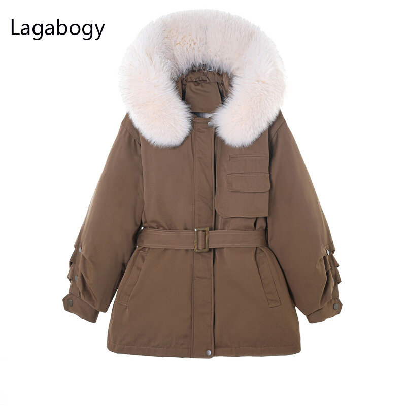 Duck-chaqueta blanca de plumón para mujer, abrigo grande de piel de zorro Real, Parka gruesa y cálida informal, ropa de nieve 2023