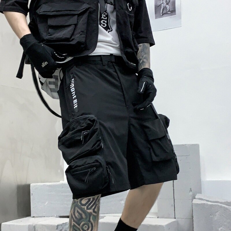 Calça tática de carga masculina, estilo punk escuro, rua alta, bolso múltiplo, shorts techwear, Y2K, primavera e verão, 2022