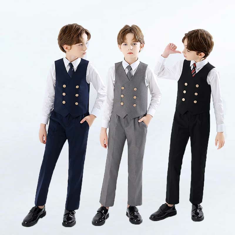 Dzieci miękka oddychająca tkanina kamizelka koszula spodnie krawat oficjalny smoking sukienka dla chłopców fotografia kostium urodzinowy dla dzieci