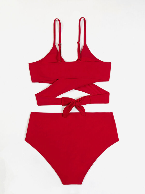 Bikinis de cintura alta con tirantes cruzados para mujer, bañador Sexy rojo, traje de baño de realce, ropa de playa de verano, 2024