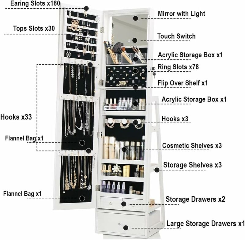 Paint Defective Item Rotatable Full Length Mirror Jewelry Cabinet Standing With Built-In Mirror - 63.7”H Jewelry Armoire With Mi