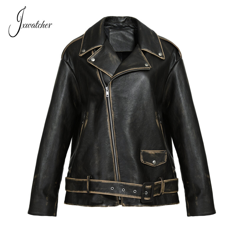 Jxwatcher-Chaqueta de cuero auténtico para mujer, abrigo holgado de alta calidad, novedad de primavera y otoño, 2024
