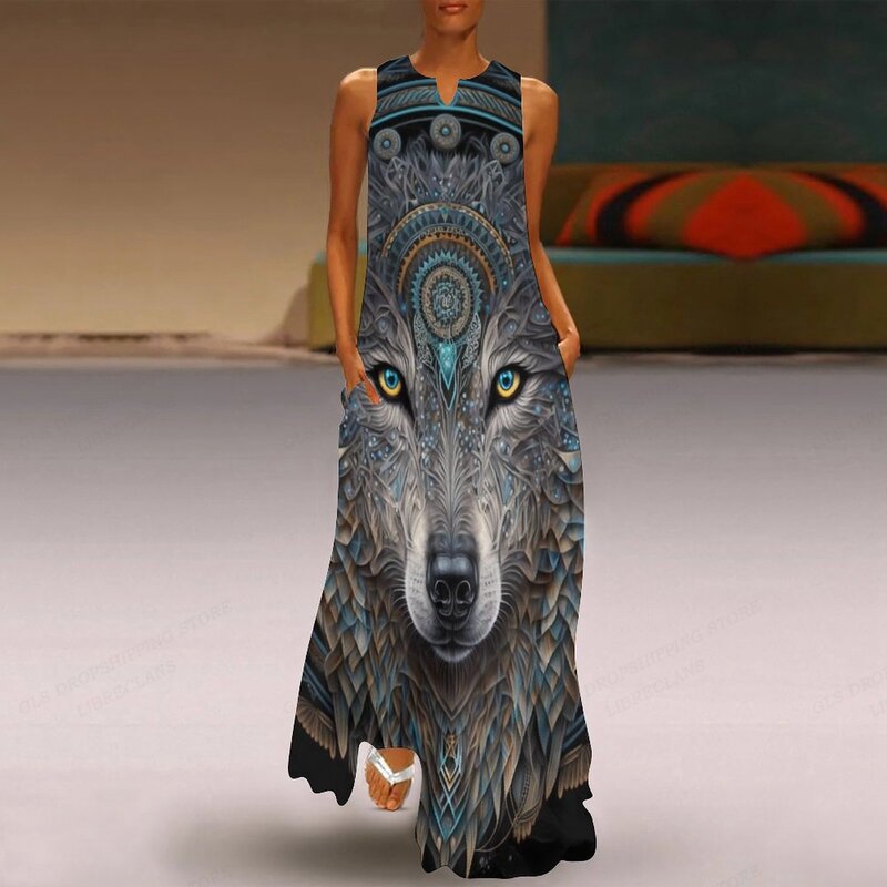 Wolf Print Dress Women Fashion Party Evening Dresses Maxi Long Dress Animal Robes Casual Loose Vestidos Women's Dresses Luxury
