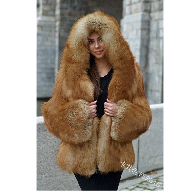Cappotto di pelliccia europea e americana cappotto di pelliccia di volpe di media lunghezza con cappuccio da donna