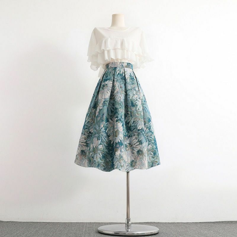 Women's Vintage Painting Floral Skirt Female Fashion High Waist Pockets Skirt Lady Jacquard Streetwear All-match Skirts Q521