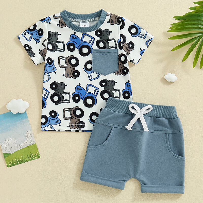 トラックプリント半袖ポケットTシャツ、モノクロTシャツ、幼児男の子のための夏の衣装、0-3y、2024-03-26