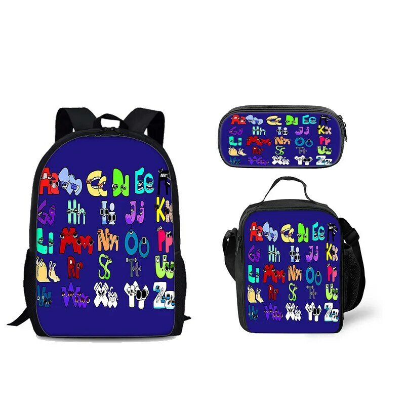 Kreatywny alfabet w stylu kreskówki nadruk 3 sztuk/zestaw plecak szkolny nastoletni chłopcy dziewczęta plecak do przechowywania mała torba na laptopa piórnik torby na Lunch
