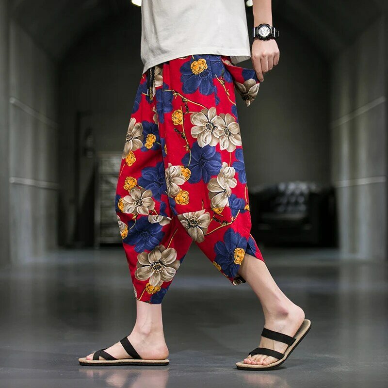 Chinese Style Summer Calf-length Pants Breathable and Comfortable Loose Cotton Linen Casual Pants Beach Resort Printed Pants