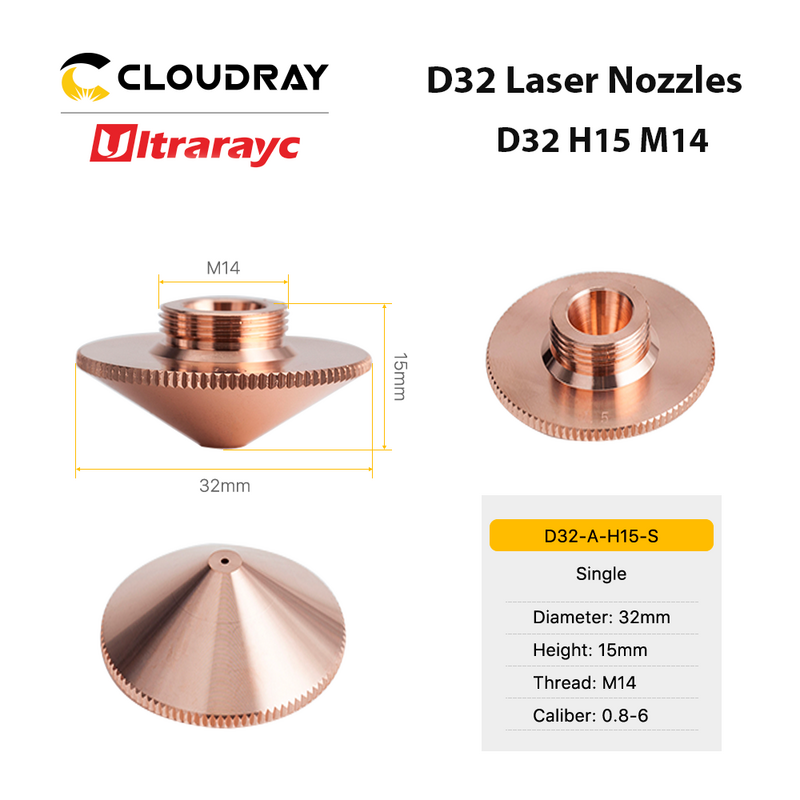 Ultrarayc Sợi Đầu Cắt Laser Vòi Phun Đơn Đôi Chrome Mạ Lớp D32 Cỡ Nòng 0.8-6.0Mm Cho Raytools đầu Laser