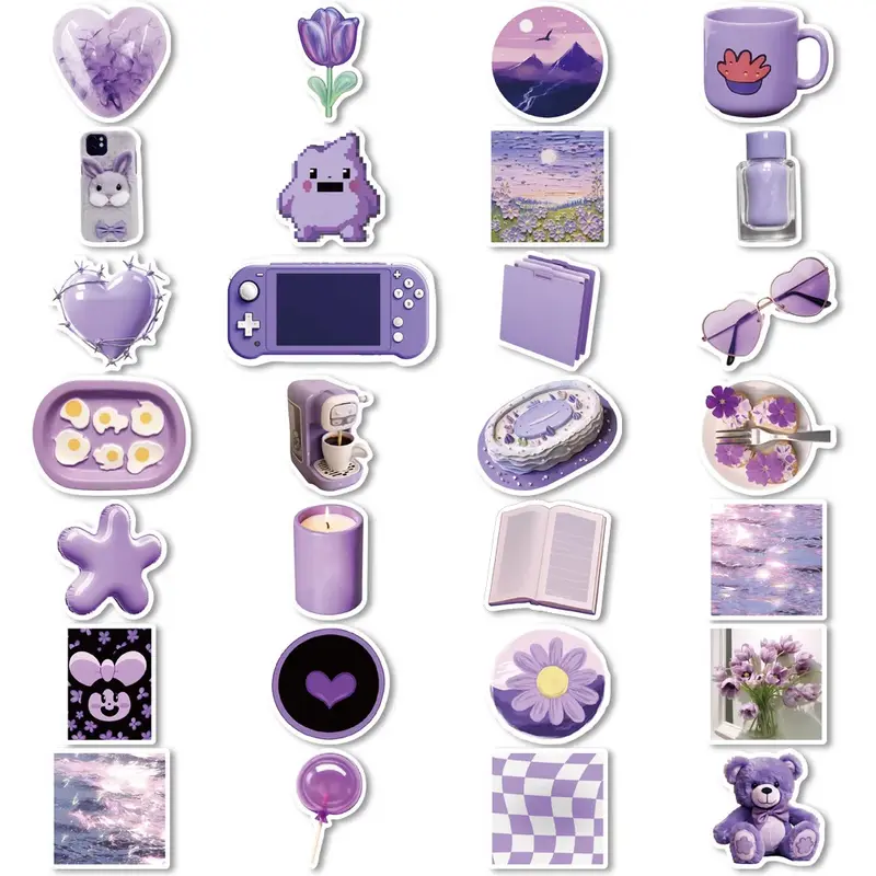 Pegatinas decorativas de estilo Ins para niños, adhesivos sencillos de color púrpura para portátiles, teléfono, taza de agua, cuaderno, 50 piezas