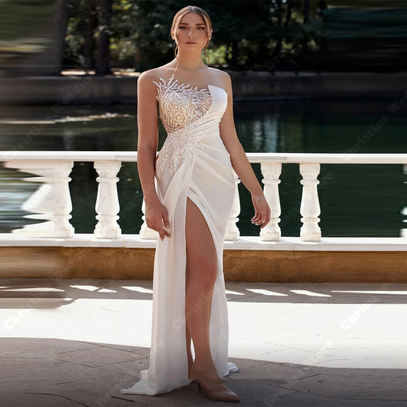 Luksusowe suknie ślubne damskie syrenki Sexy wysoki widelec satynowe suknie panny młodej Mopping długość Vestidos De Novias Estilo Boho Chic 2024