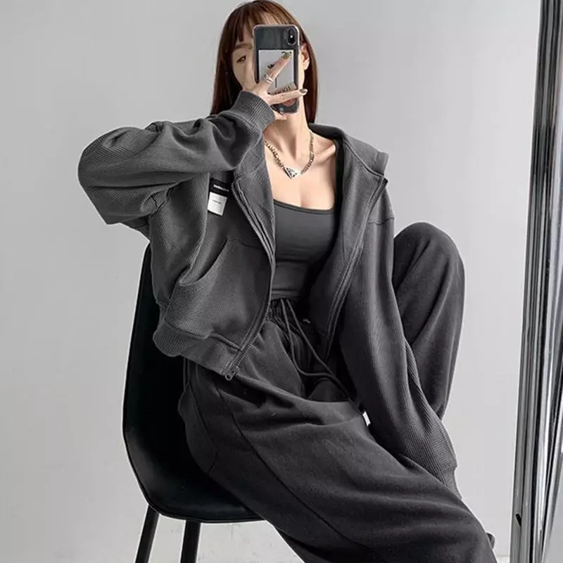 여성용 섹시한 크롭 후드, 짧은 맨투맨, 한국 긴팔 지퍼 업 재킷, 스트리트웨어 Y2K, 가을