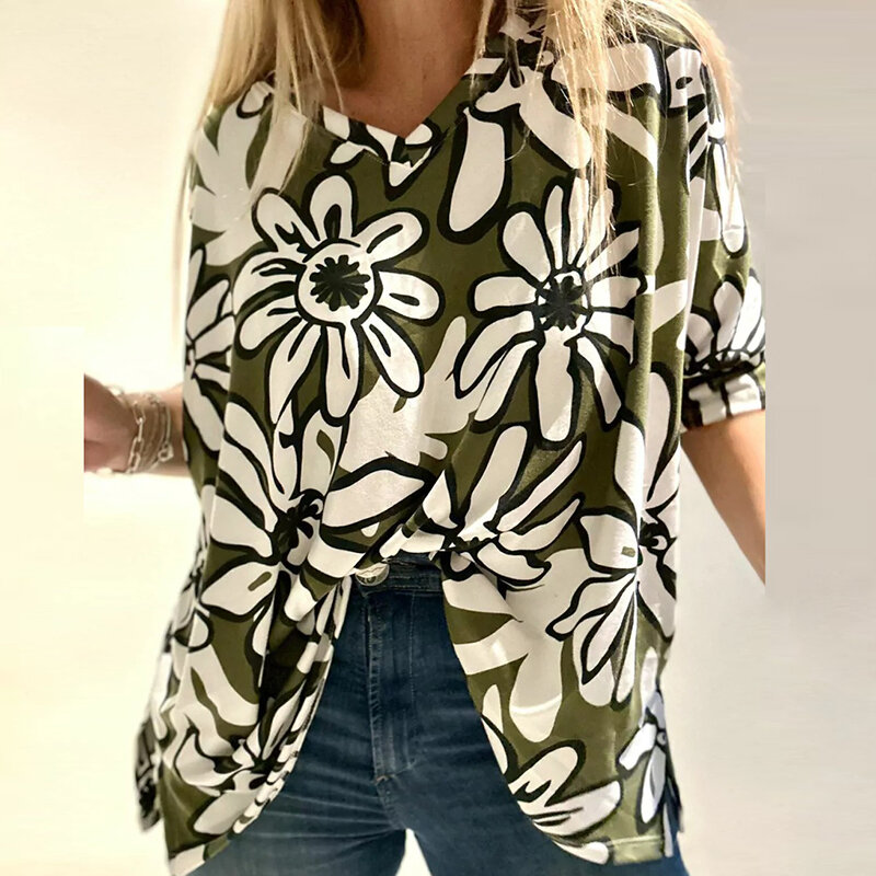 Женская Повседневная Блузка с цветочным принтом, элегантный Свободный Топ с V-образным вырезом, пуловер, уличная одежда с коротким рукавом, блузки в стиле Харадзюку на весну и лето