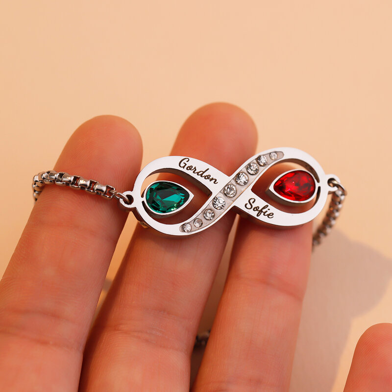 MYLONGINGCHARM  Custom Names Infinity Love Bracelet with Birth Stones Adjustable Women Bracelet Gift for Valentine's Day