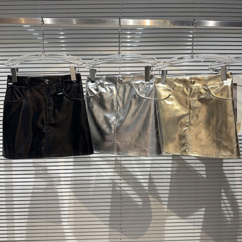 Falda-saia bodycon de couro sintético brilhante, cor metálica, curta, fina, nova chegada, outono