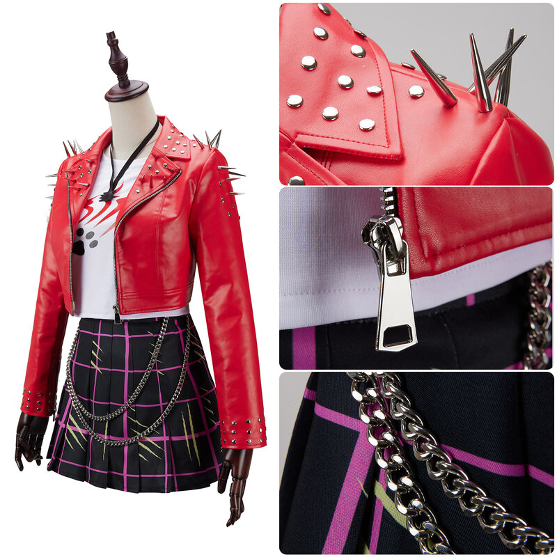 Disfraz de Anime Toralei a rayas para mujer, chaqueta de piel sintética roja, Falda plisada, collar de pulsera, traje de Carnaval de Halloween