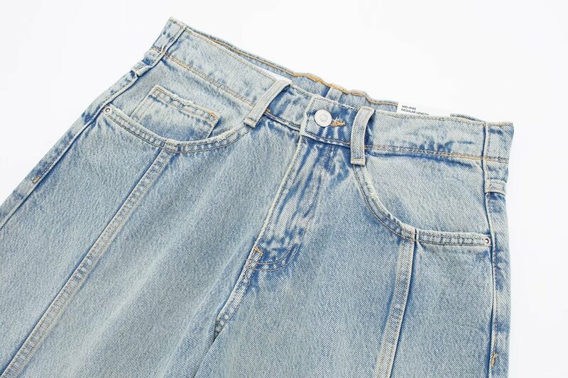 Women 2024 New Chic Fashion The middle waist of the tooling Waist Straight Jeans Vintage Zipper Hem Female Denim Pants Mujer