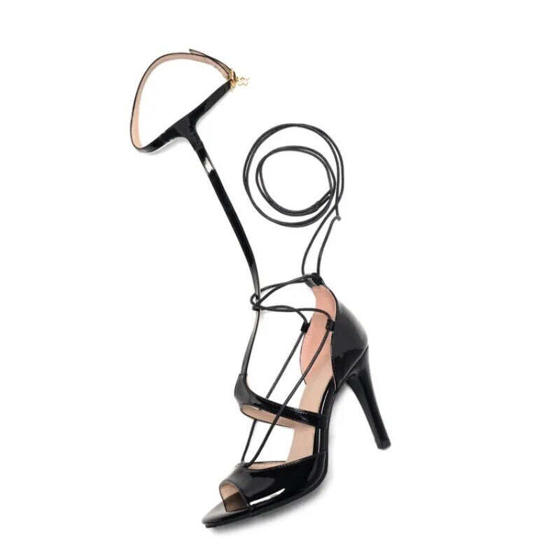 Sandalias de tacón alto con punta abierta de 10cm, calzado Sexy con hebilla cruzada para ceremonia de graduación, Falda corta romana en blanco y negro, tallas 34-45