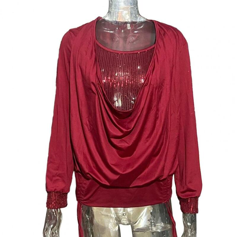 Elegante blusa de lantejoulas feminina com gola com cordão, tops monocromáticos, longos, luxuosos, monocromáticos, primavera