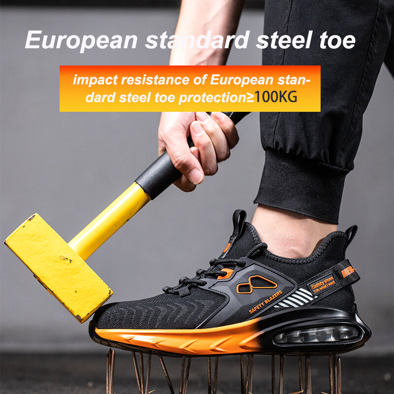 Man Sneakers Stalen Teen Oranje Heren Veiligheidsschoenen Luchtkussen Zwart Sport Voor Heren Groot Werk Anti-Smashing Industrial Laarzen