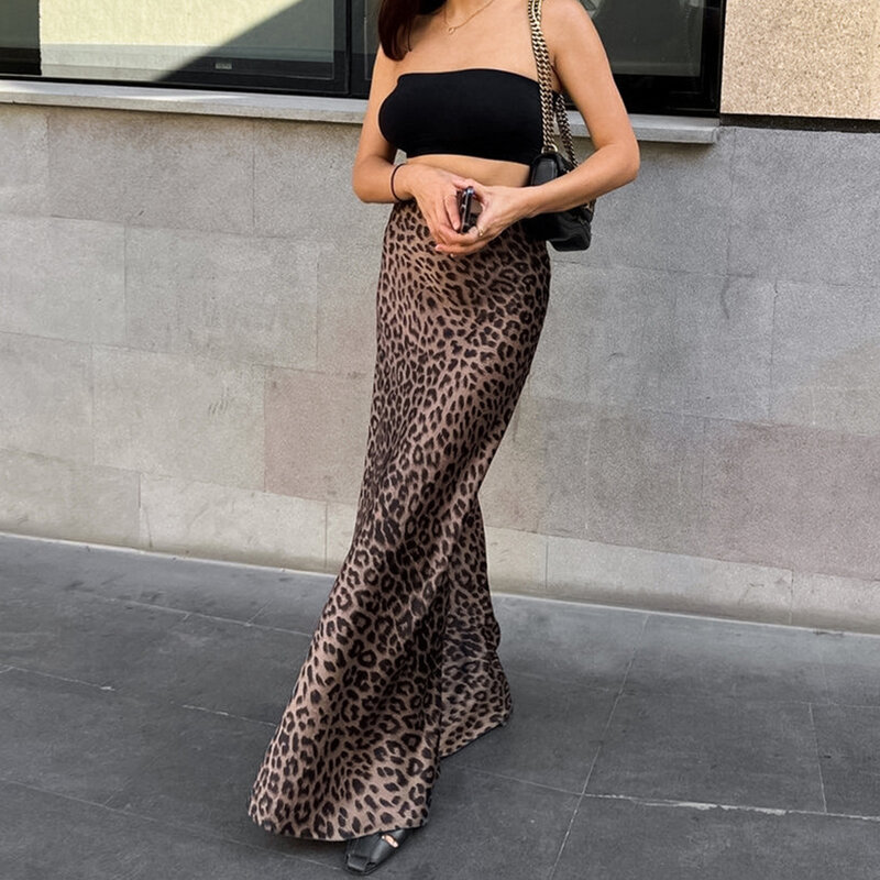 QWEEK Chic Leopard Print gonna a vita alta moda donna gonne attillate fino al pavimento primavera estate donna Sexy Streetwear 2024