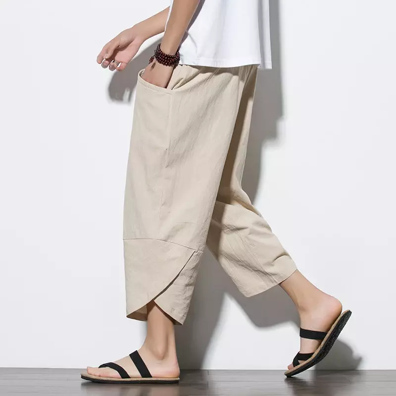Calça curta de linho de algodão estilo chinês masculina, moda streetwear retrô, shorts de praia, casual masculino, meia calça