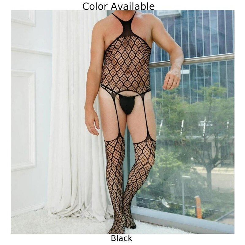 Hot New Bodysuit Men See Through Gay Sissy Sexy Lace Mesh Fishnet Bodystocking Perspective Buttocks Hollow Lingerie Bodysuits