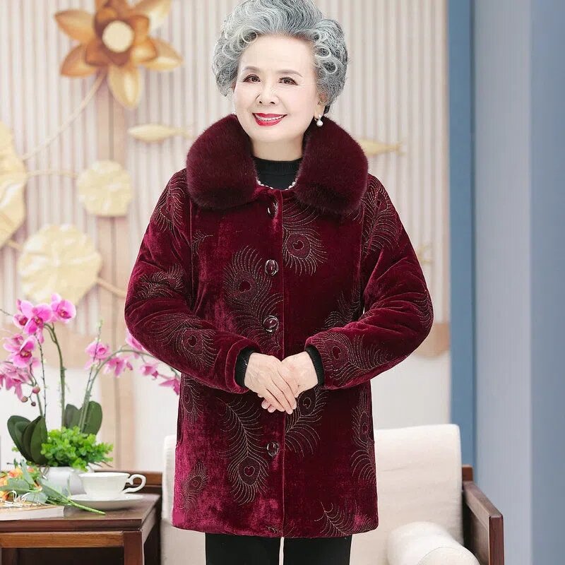 2 할머니 코튼 패딩 코트, 중년 어머니 겨울 옷, 여성 파카, 벨벳 추가, 두꺼운 퀼트 재킷, 5XL