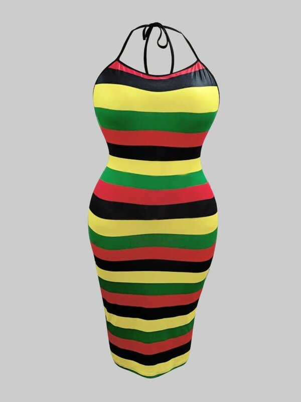 LW Plus Size Striped Backless Dress Color Contrast Sleeveless Mid Calf Wrapped Skirt Rainbow One Piece Overalls Boho Maxi Dress