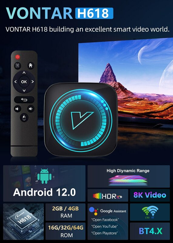 VONTAR TV Box Android 12, Set Top Box Allwinner H618 Quad Core Cortex A53 mendukung Video 8K BT Wifi Google Voice Media Player