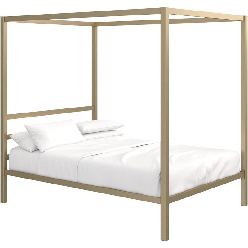 Marco de cama con dosel de tamaño completo, cabecero minimalista y diseño de cuatro carteles, espacio de almacenamiento debajo de la cama, cama de plataforma con dosel de Metal moderno