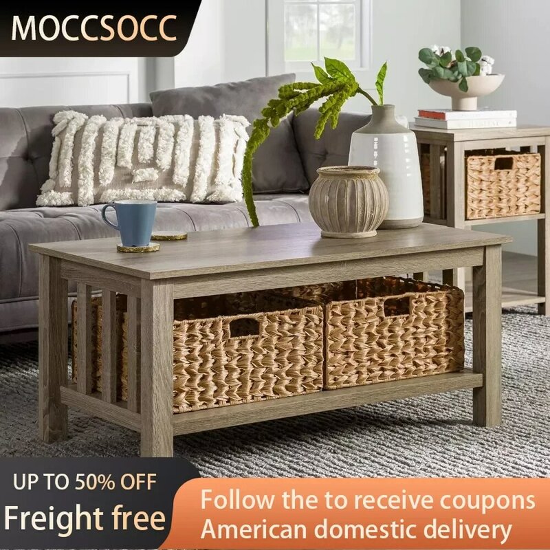 40 Inch Lift Top Coffee Table Nordic Mission Style Two Tier Coffee Table With Rattan Storage Baskets Driftwood Freight Free Side