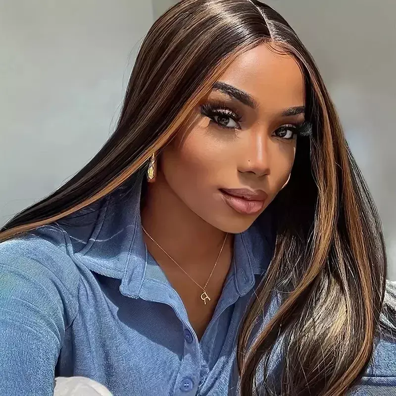 Front Lace Wig Full Head Set Fashion Natural Realistic Female Human Hair Piano Color Long Straight Hair Highlight Wig