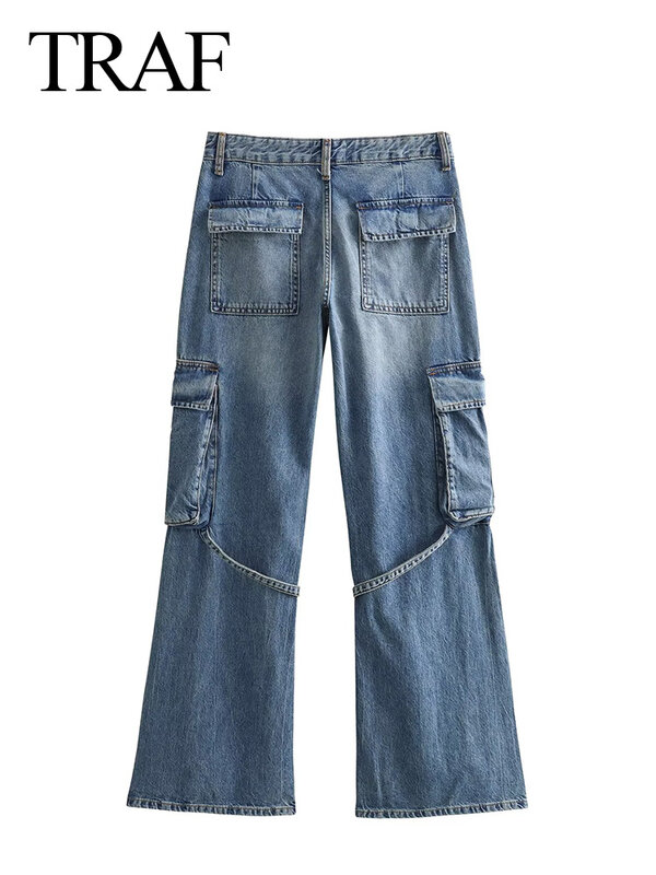TRAF 2023 jesienna moda na co dzień solidne spodnie z wysokim stanem damskie spodnie z szerokimi nogawkami Y2K jeansy damskie długie bojówki